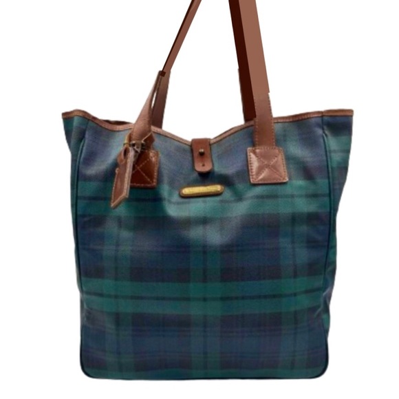 RALPH LAUREN Navy Blue Hunter Green Black Watch Plaid Oversized Camp Tote Bag - Picture 8 of 16